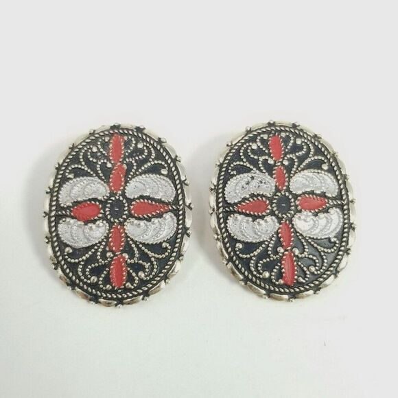 Vintage Black and Red Enamel Oval Clip On Earrings, Made in Western Germany - Picture 7 of 7